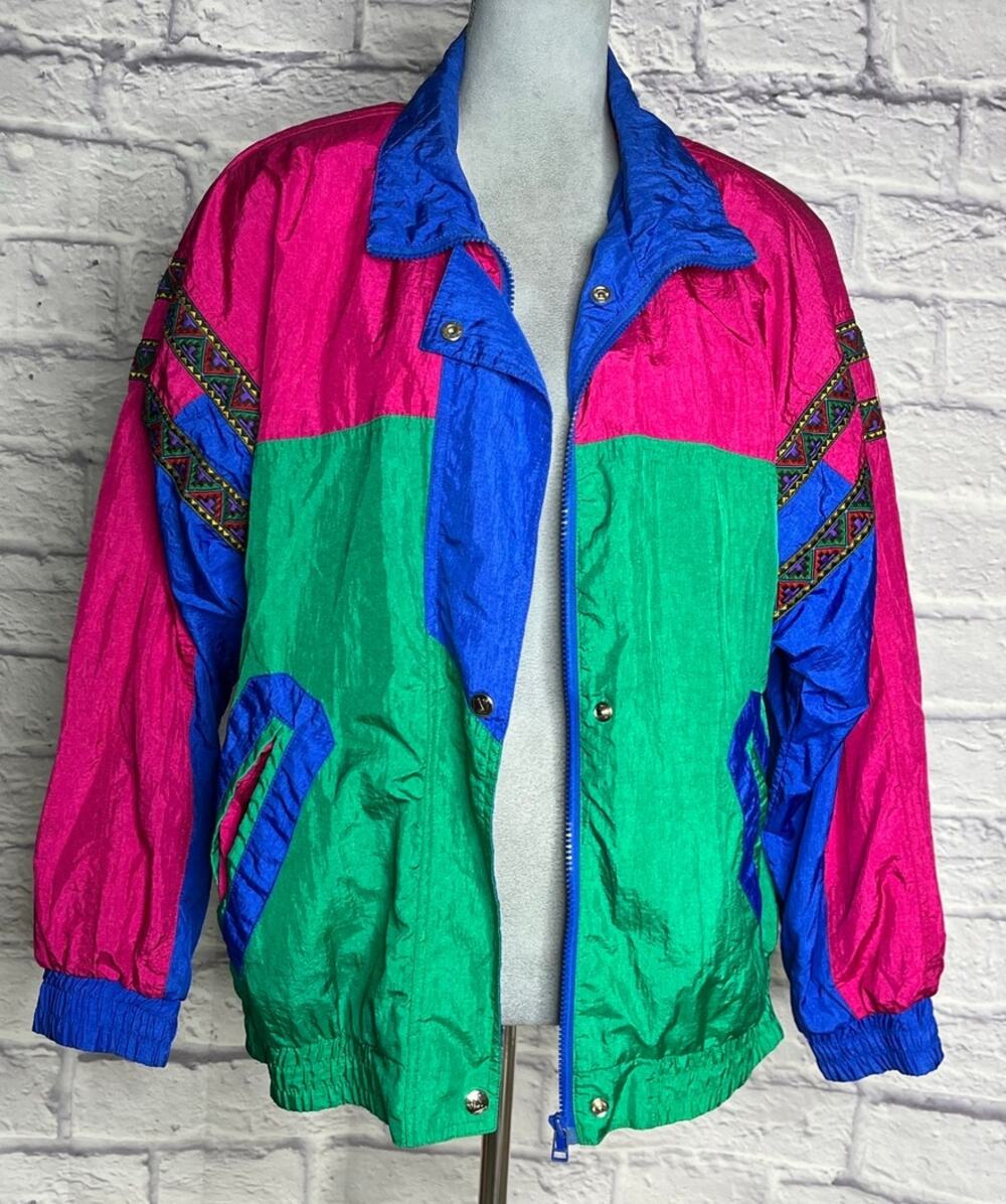 90's Andy Johns Vibrant Colorblock Windreaker/Anorak Jacket with Aztec Details